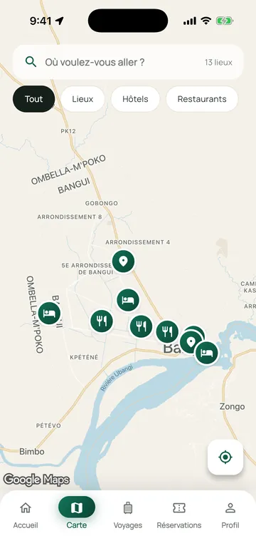 Carte de Bangui dans RCA Tours avec les hôtels, restaurants et lieux à visiter