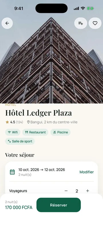 Fiche d’un hôtel dans RCA Tours avec photos, chambres et bouton de réservation